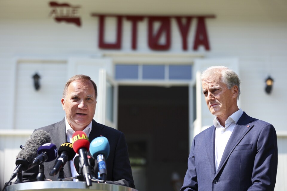 Statsminister i Stefan Löfven (S) och Jonas Gahr Støre, partiledare för Arbeiderpartiet, vid onsdagens pressträff på Utøya.