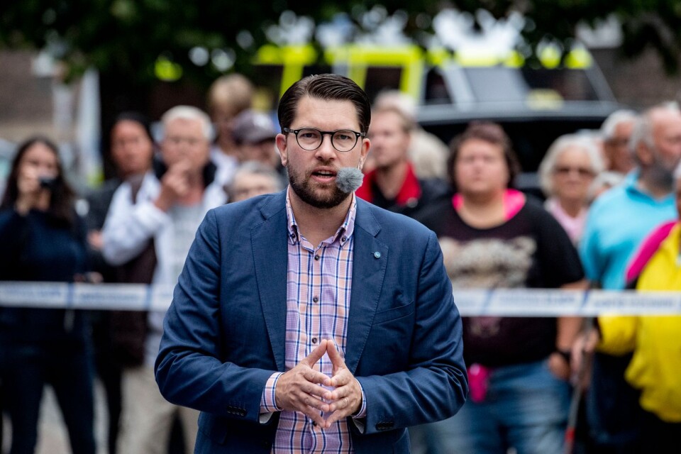 Sverigedemokraternas partiledare Jimmie Åkesson håller torgmöte i Landskrona.