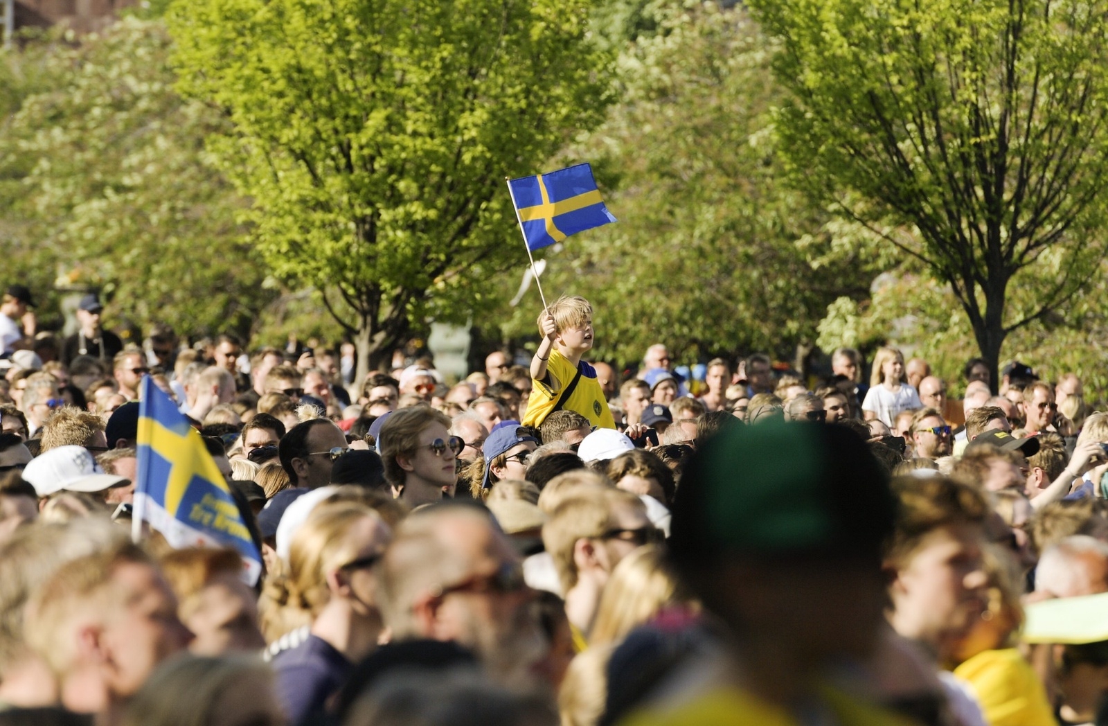 Hockeyfans i väntan på svenska hockey-vm guldmedaljörerna som ska hyllas i Kungsträdgården i Stockholm. 
Foto: Janerik Henriksson/TT