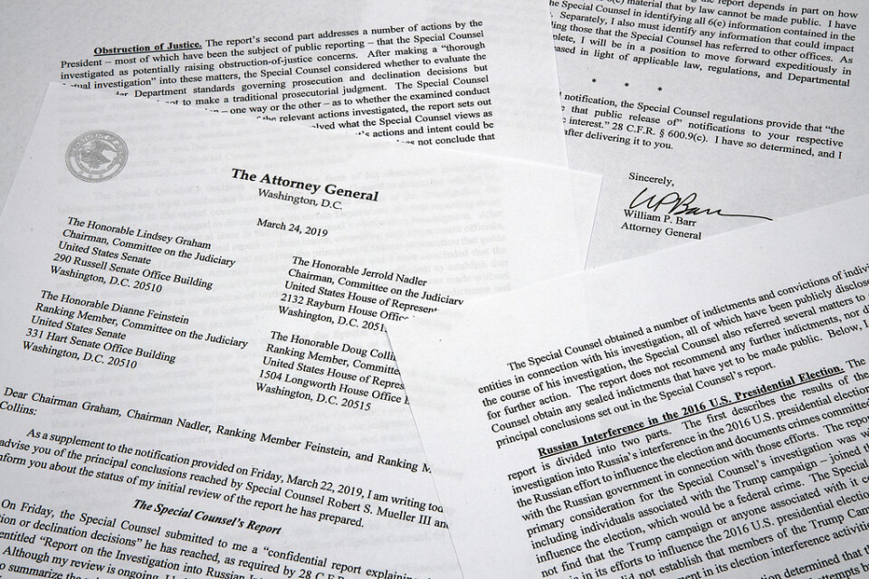 Brevet som justitieminister William Barr lämnat till kongressen om slutsatserna i Muellerutredningen.