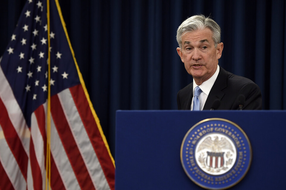 Den amerikanska centralbankens chef, Jerome Powell, vid en presskonferens i Washington. Arkivbild.