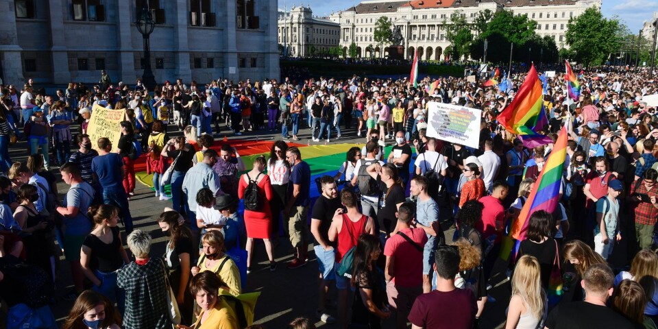 HBTQ-protester utanför parlamentet i Ungerns huvudstad Budapest under förra sommaren.
