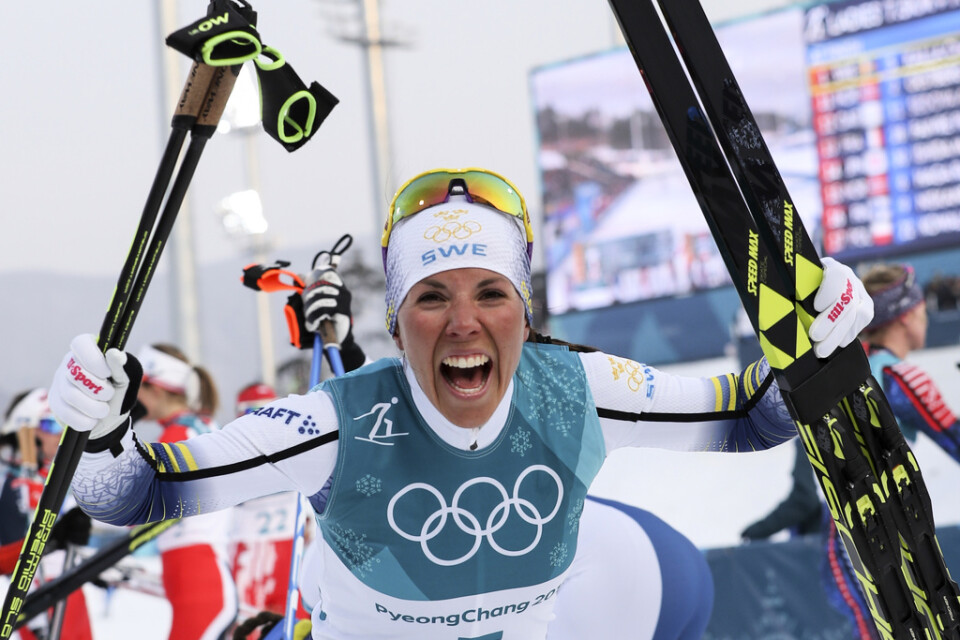 Charlotte Kalla vann OS-guld i skiathlon 2018.