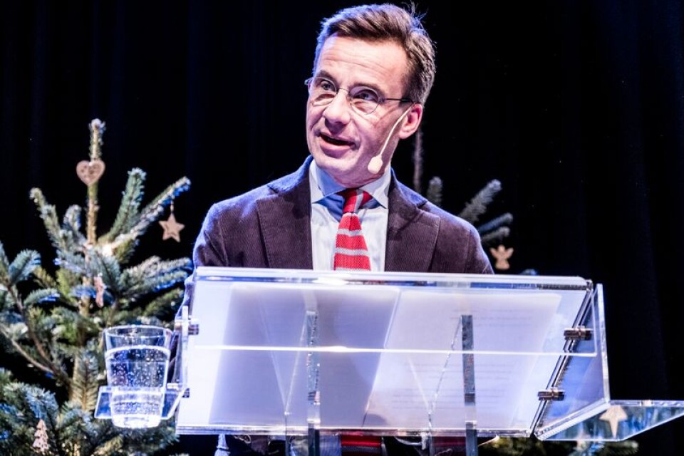 Moderaternas partiledare Ulf Kristersson håller jultal för sina partikamrater på Kulturhuset i Stockholm.