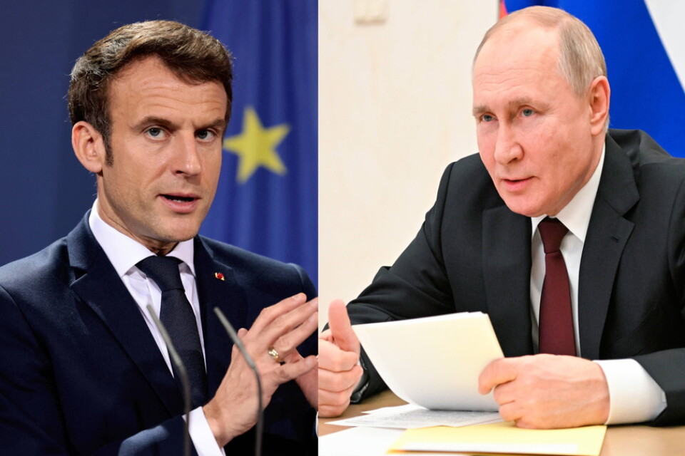 För tredje gången på en vecka har Frankrikes president Emmanuel Macron pratat i telefon med sin ryske motpart Vladimir Putin. Bilden är ett montage.
