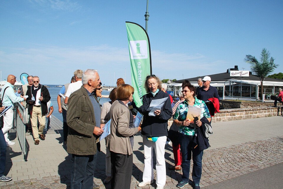 Reseledaren Kiona välkomnar några av besökarna till Borgholm och förklarar vad som finns att göra.