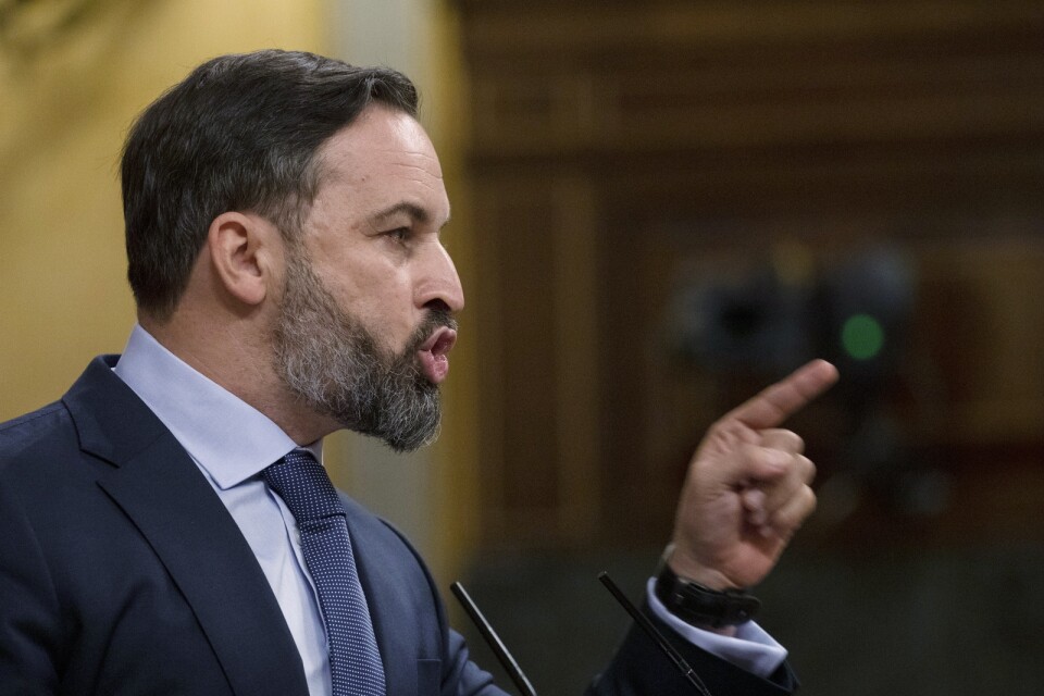 Santiago Abascal, partiledare för högerextrema Vox, under ett tal i det nationella parlamentet i Madrid i oktober i fjol.