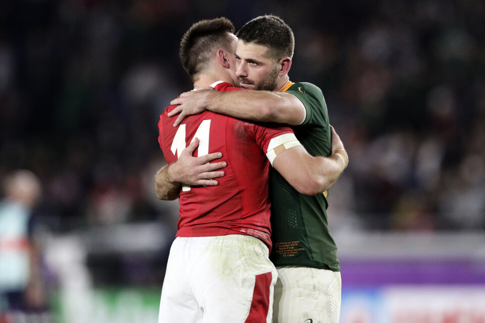 Sydafrikas Handre Pollard (th) kramar Wales Josh Adams efter semifinalen i rugby-VM.