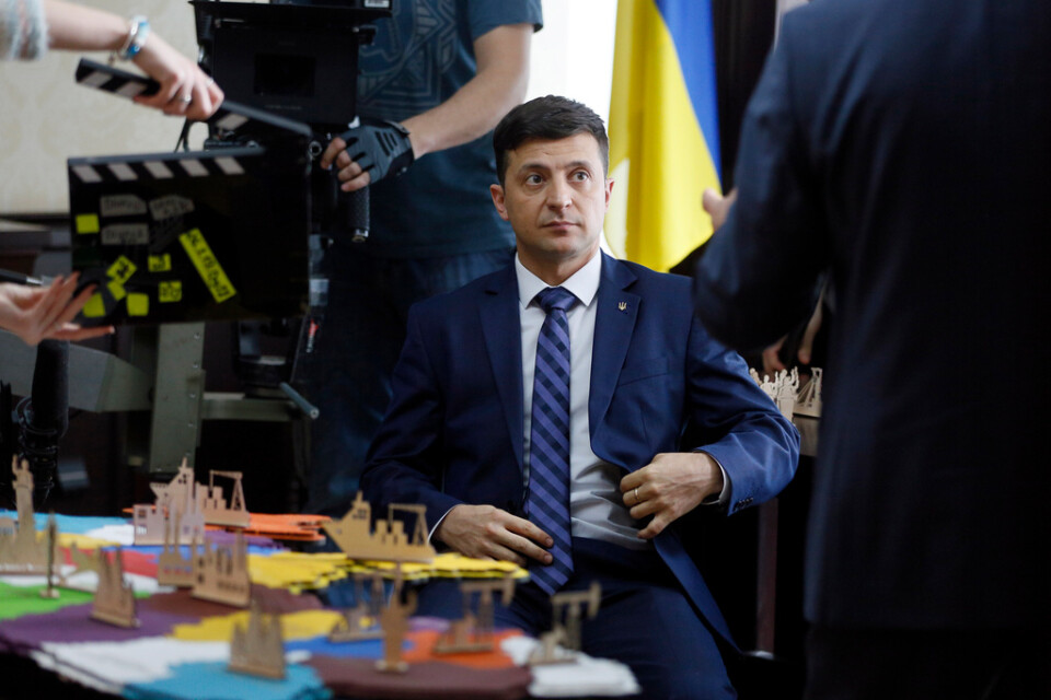Volodymyr Zelenskyj, på den tiden skådespelare, nu stridande president i Ukraina, fotograferad på filminspelningen av "Servant of the people". Arkivbild.