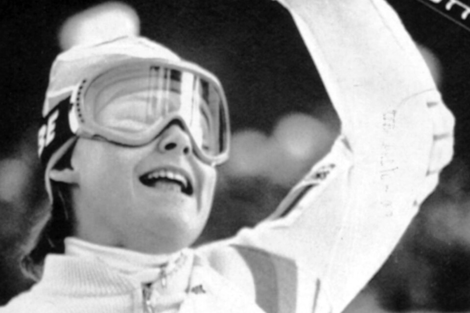 Camilla Nilsson jublar efter att ha vunnit världscupen i damernas slalom för 35 år sedan, 1987.