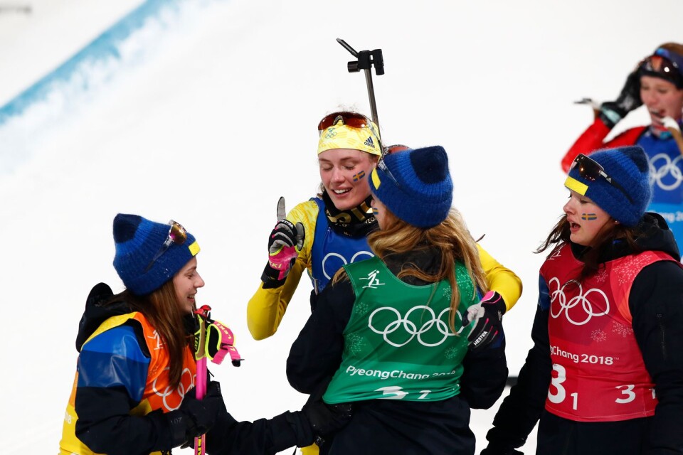 Sveriges Hanna Öberg efter målgång i damernas stafett, 4x6 km i skidskytte på Alpensia Biathlon Centre under vinter-OS i Pyeongchang.
