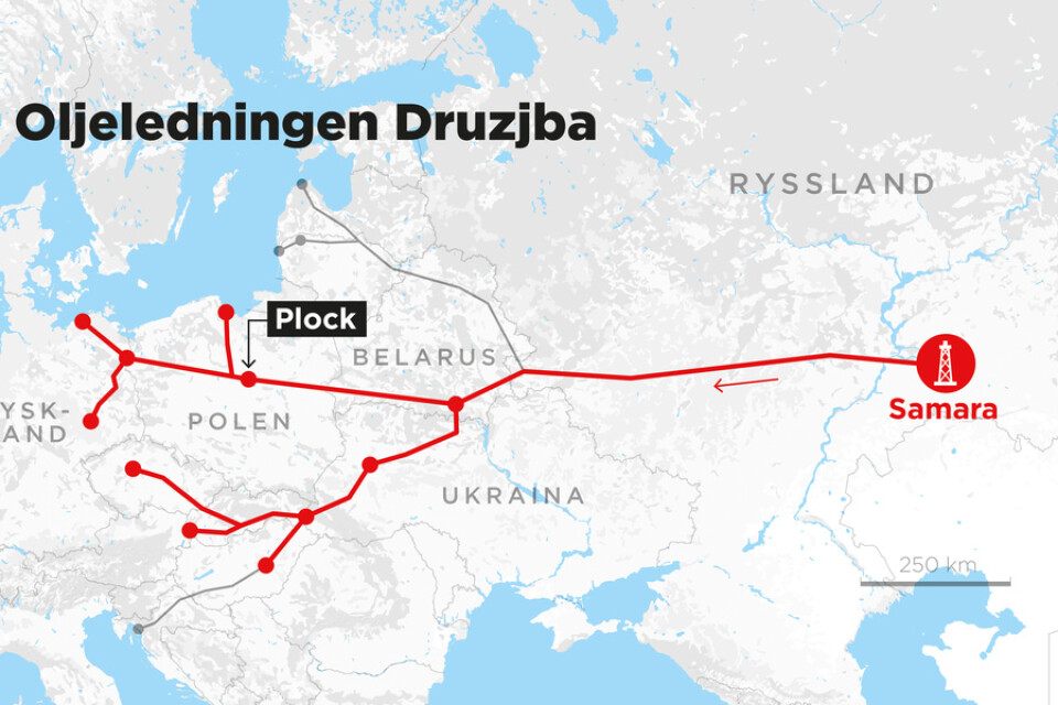 Kartan visar oljeledningen Druzjbas sträckning från Samara till västra Europa.