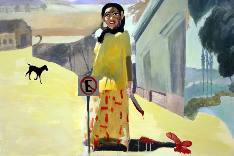 Alida Cervantes målning av några hus, en hund, en kvinna med kniv och en avskuren penis