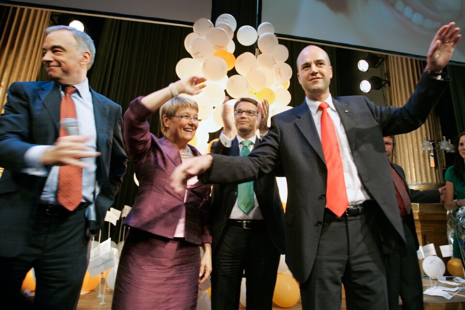Alliansens dåvarande partiledare firar valsegern 2006.