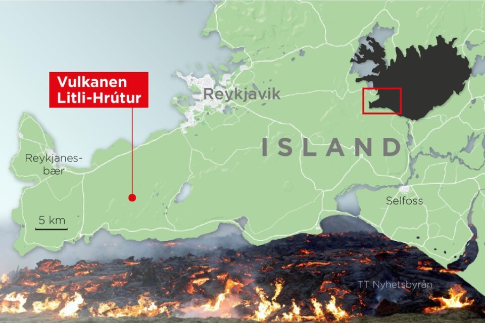 Vulkanutbrottet i Litli-Hrútur sker några mil sydväst om Reykjavik.