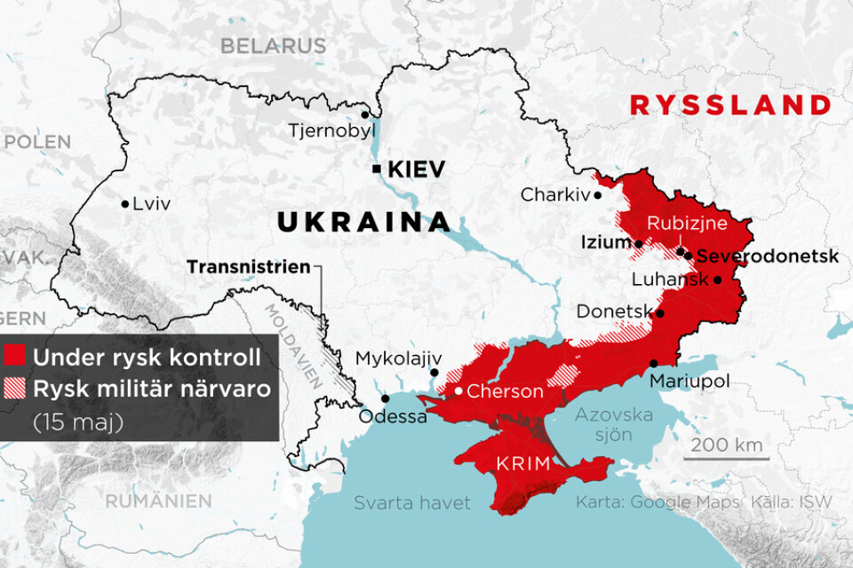 Områden under rysk kontroll samt områden med rysk militär närvaro 15 maj.