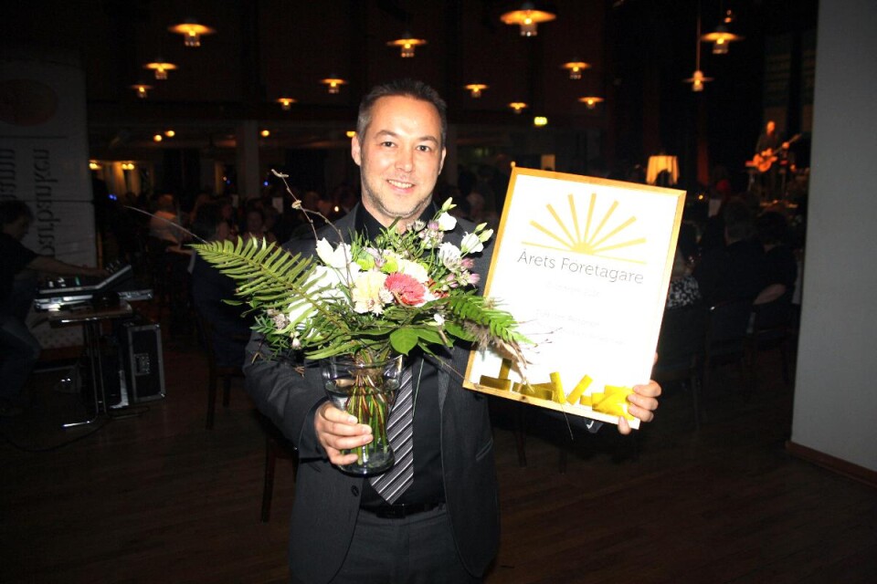 Torbjörn Peltonen ägare till Scanbox kom direkt till galan från en arbetsresa i Australien och blev belönad som årets företgare. Foto: Paulina Bengtsson