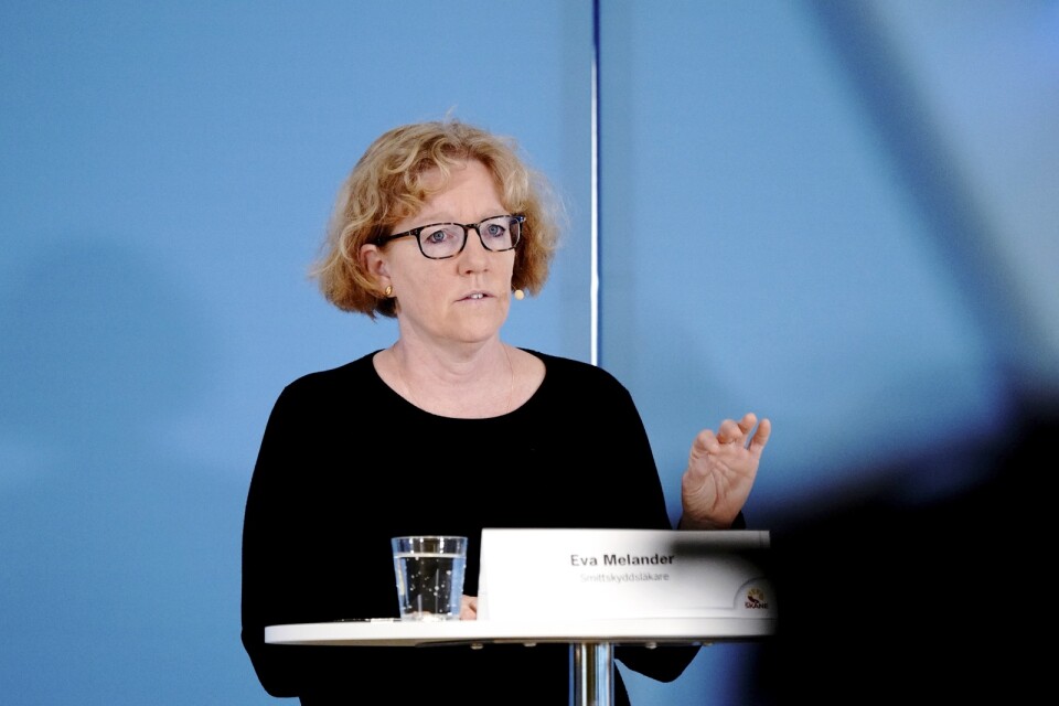 Eva Melander, smittskyddsläkare i Skåne, under onsdagens presskonferens.