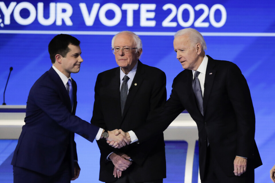 Tre av de demokratiska presidentaspiranterna vid en debatt i februari: exborgmästaren Pete Buttigieg, Vermontsenatorn Bernie Sanders och den tidigare vicepresidenten Joe Biden.