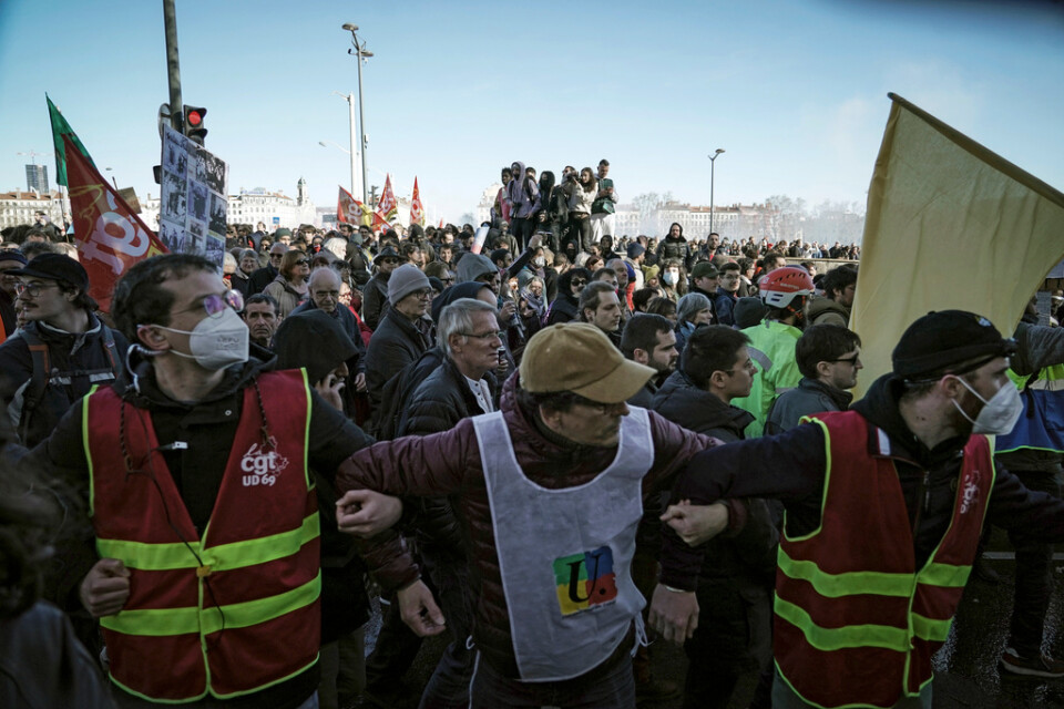Fackmedlemmar i demonstration i Lyon på onsdagen.