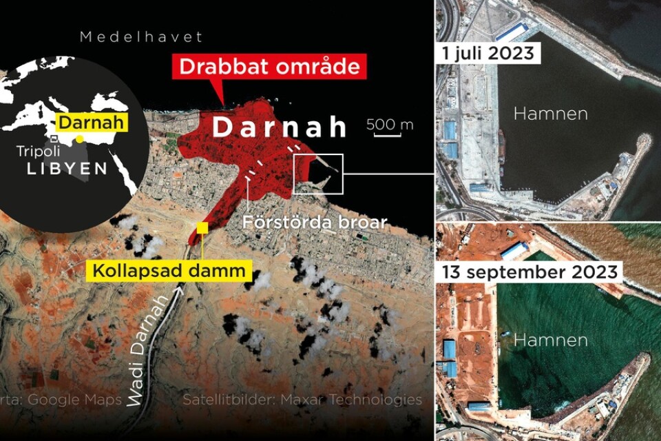 En av de värst drabbade städerna är Darnah, där två åldrade dammar kollapsade på söndagskvällen.