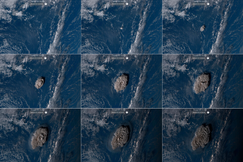 Bilder från den japanska vädersatelliten Himawari-8, som visar hur vulkanutbrottet reser sig ur havet.