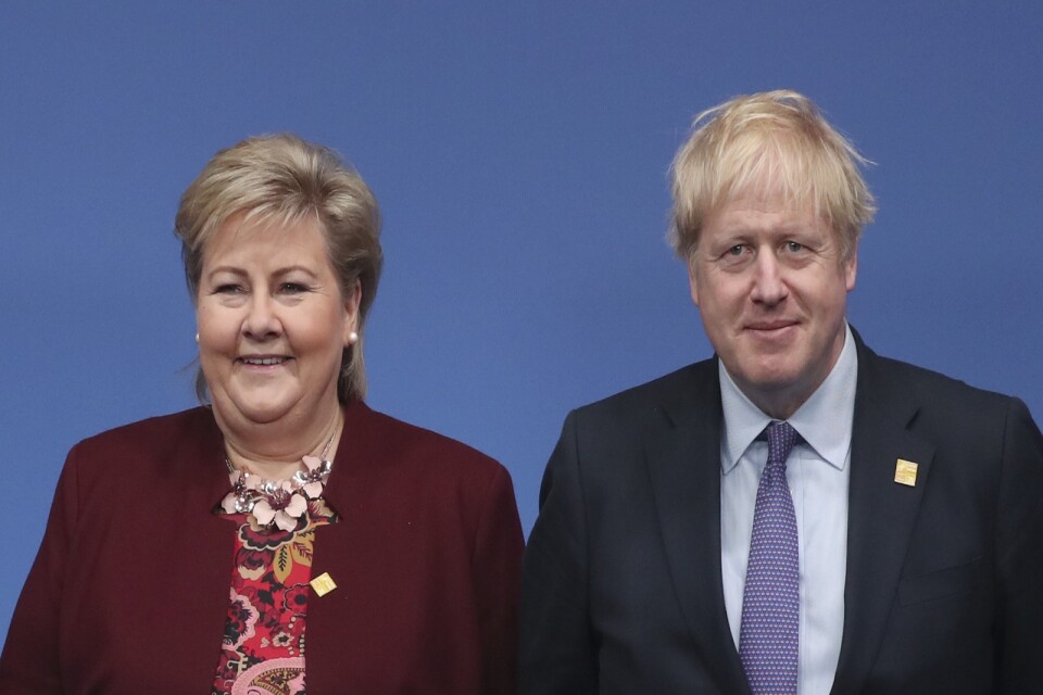 Norge och Storbritannien är överens om ett frihandelsavtal, erfar norska medier. På bilden statsminister Erna Solberg och premiärminister Boris Johnson. Arkivbild.