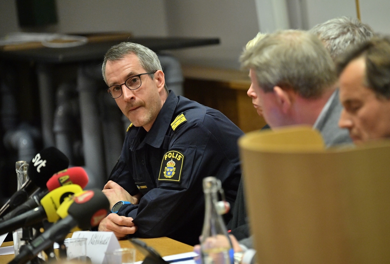 Pär Cederholm, polisens lokalområdeschef i Hässleholm, uttalar sig under en presskonferens efter en explosion på Hässleholms Tekniska skola.
Foto: Johan Nilsson / TT
