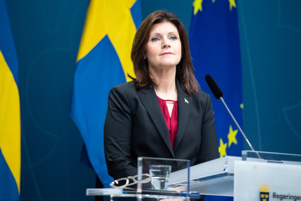 Arbetsmarknadsminister Eva Nordmark (S) vid en pressträff om las-utredningen på torsdagen.