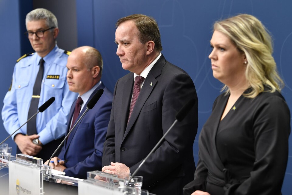Prime Minister Stefan Löfven (S) with the National Police Commissioner Anders Thornberg, the Minister for Justice and Migration Morgan Johansson and the Minister for Health and Social Affairs Lena Hallengren during Wednesday's press conference in Stockholm.