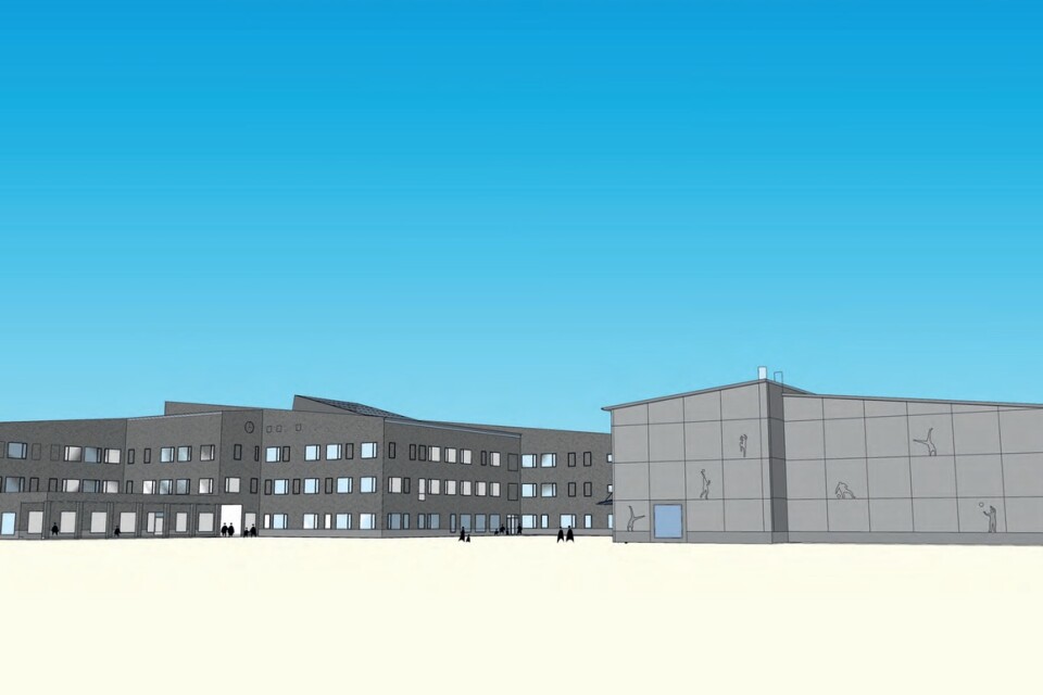 Plans for the new Allö school. New sports hall on right.