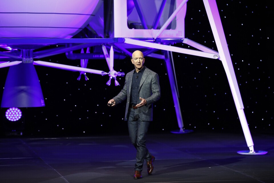 Amazongrundaren Jeff Bezos under en presentation i Washington i maj 2019 av Blue Origins månlandare.