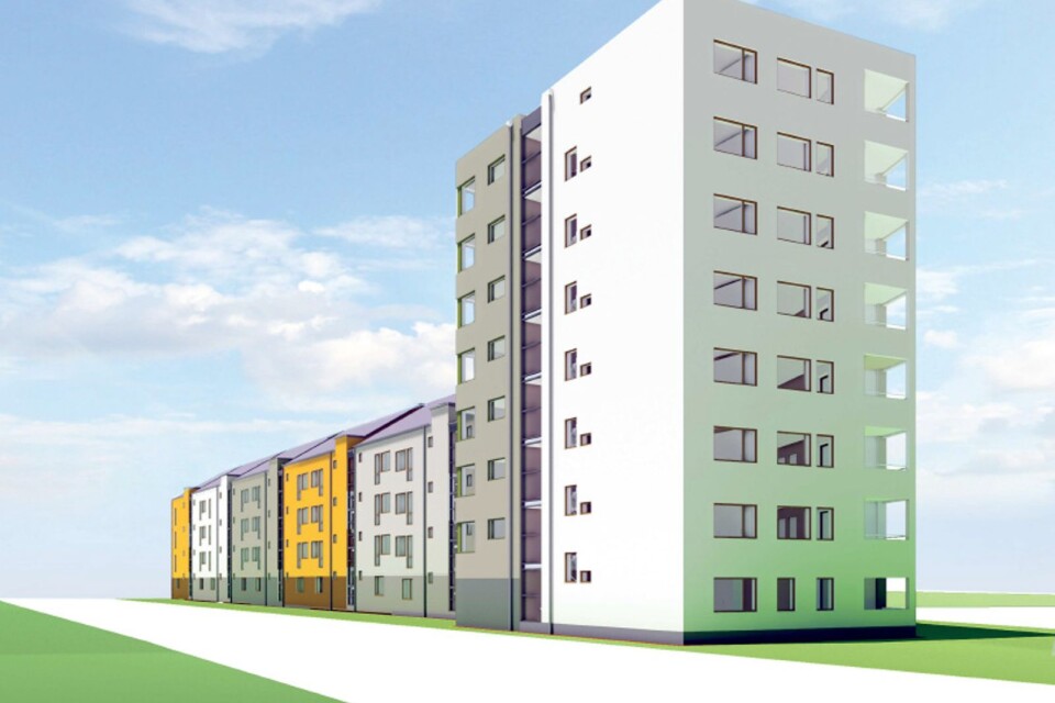 Både höga och låga hus. Så här är det tänkt att Kalmarhems 60 nya lägenheter på Tolvmannagatan ska gestaltas.