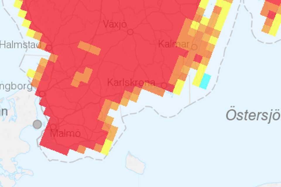 Röd markerade områden visar extremt stor risk för skogsbrand.