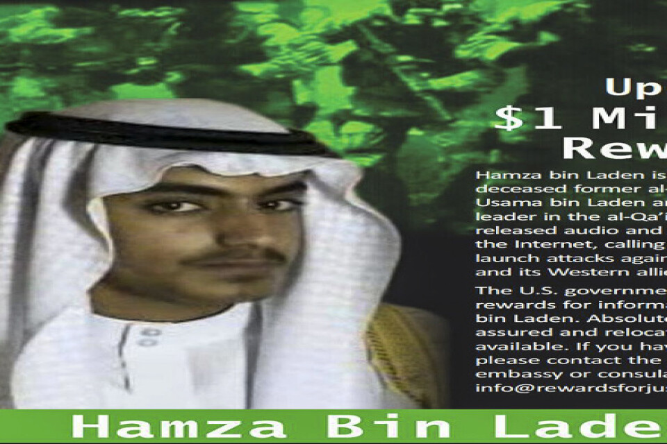 USA har tidigare utfäst en belöning på uppåt en miljon dollar för uppgifter om Hamza bin Ladin.