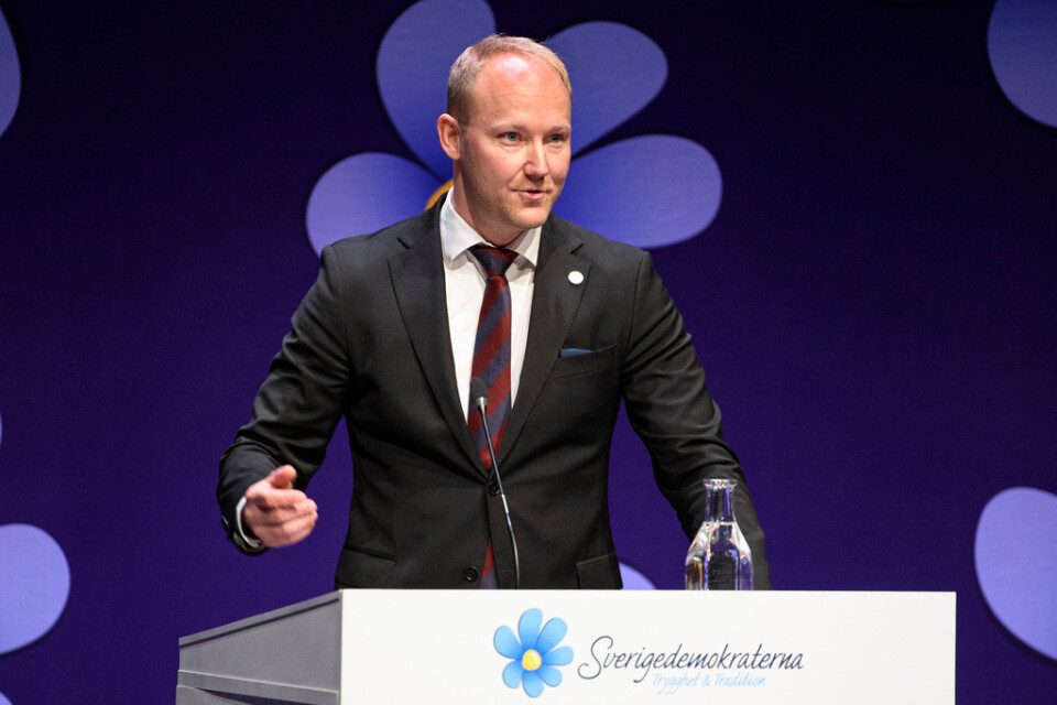 Ludvig Aspling, Sverigedemokraternas migrationspolitiska talesperson. Här på en bild från partiets landsdagar i november. Arkivbild.