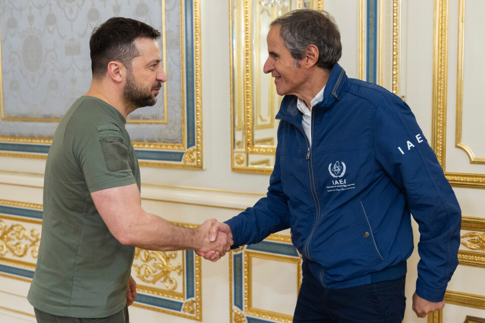 Ukrainas president Volodymyr Zelenskyj möter IAEA-chefen Rafael Grossi.