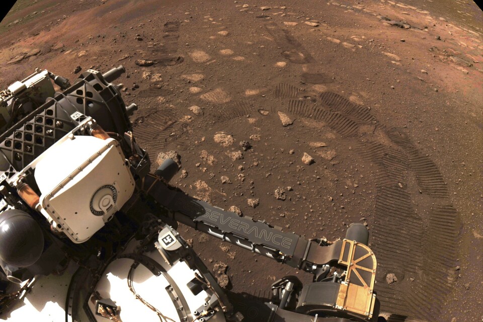Perseverance fotograferar sina egna hjulspår under den första korta turen på Mars.