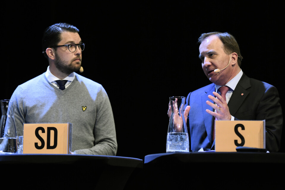 Sverigedemokraternas partiledare Jimmie Åkesson och Socialdemokraternas dito Stefan Löfven. Bilden togs vid den så kallade landsbygdsriksdagen i Örnsköldsvik i maj 2018. Arkivbild.