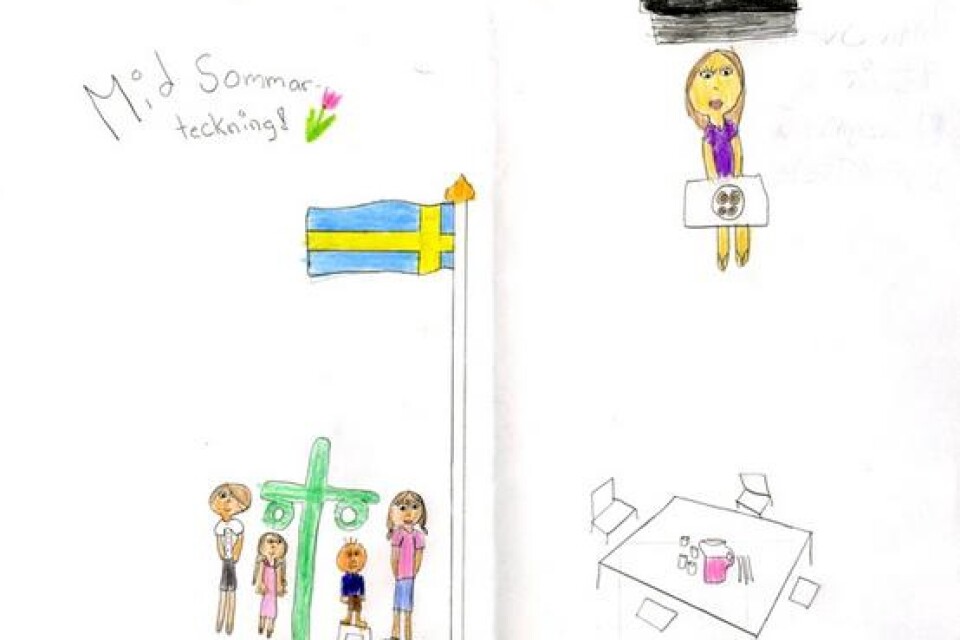 Den här midsommarteckningen är ritad av Anna Svensson, 9 1/2 år, Blåregnsvägen 5 i Trelleborg.