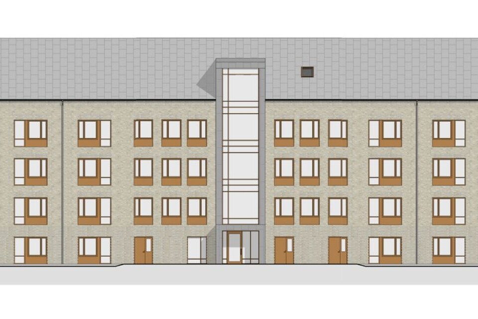 Så här ser skissen på det nya äldreboendet i kvarteret Kilen ut. Tre av de fyra våningarna blir äldreboende med 54 platser medan den fjärde våningen blir så kallat trygghetsboende med 23 lägenheter.