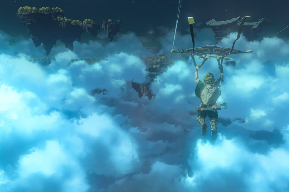 Link svävar bland molnen i "The legend of Zelda: Breath of the wild 2". Pressbild.