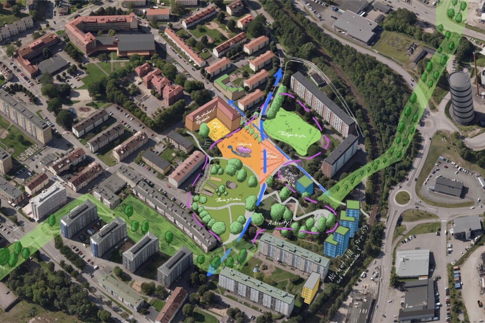 På Norrby arbetar man redan nu med att utveckla Kronängsparken, detta är en tidig skiss för projektet. En plats som senare skulle kunna bli en del av det stora parkstråket.