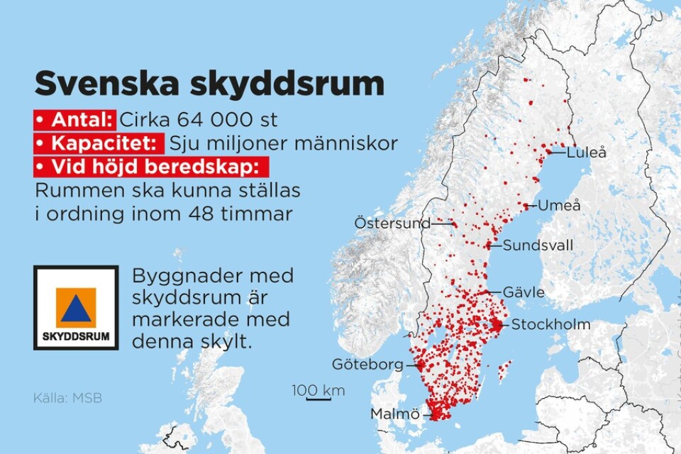 Det finns i Sverige i dag cirka 64 000 skyddsrum med plats för sju miljoner individer.