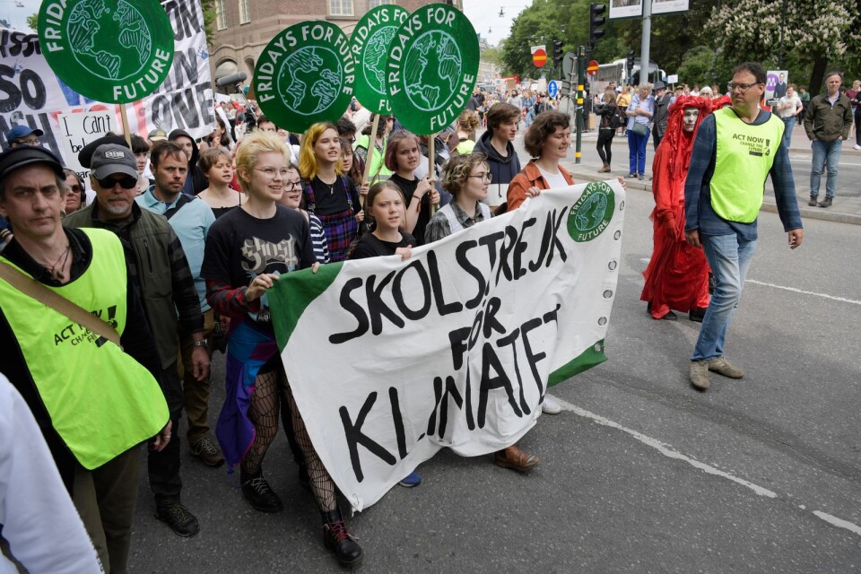 Greta Thunberg längst fram i maj månads demonstration Global Strike for Future, Stockholm.