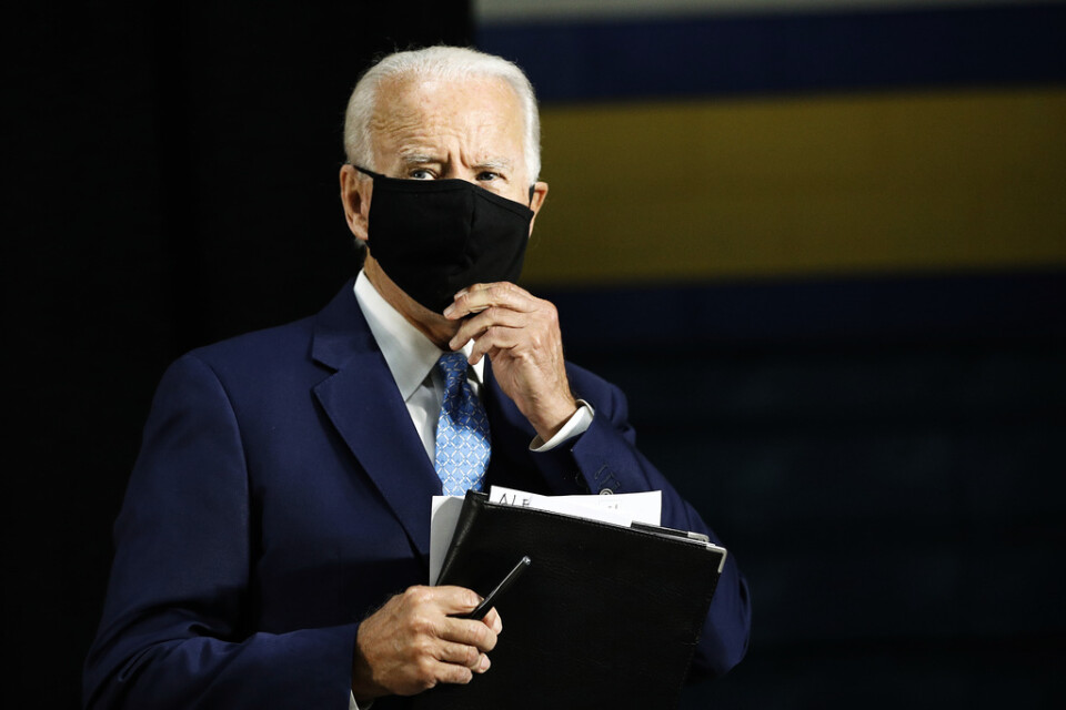 Joe Biden under presskonferensen i Delaware.