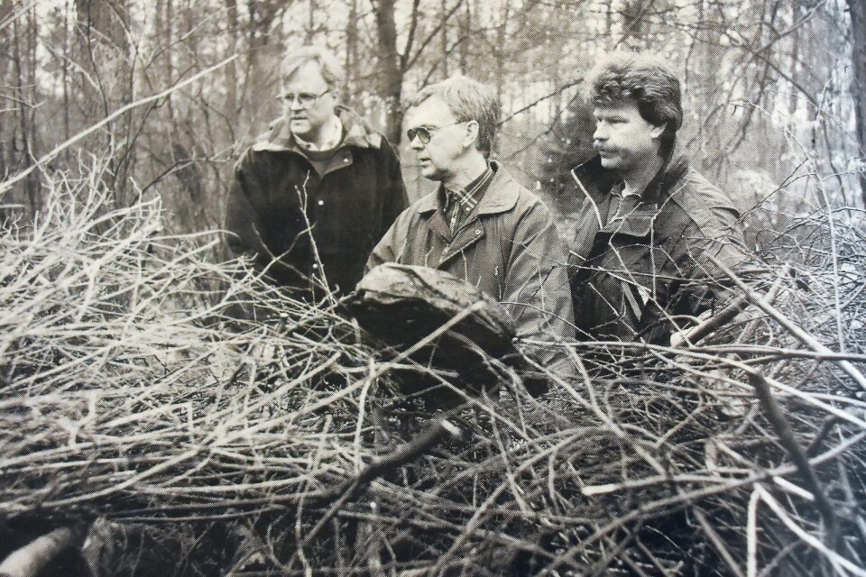 Stadsträdgårdsmästaren Göran Mohager, Lars Bergman på fastighetskontoret och Gunnar Swärd på parkförvaltningen är upprörda över att hitta ”sopptippar” ute i skogen.