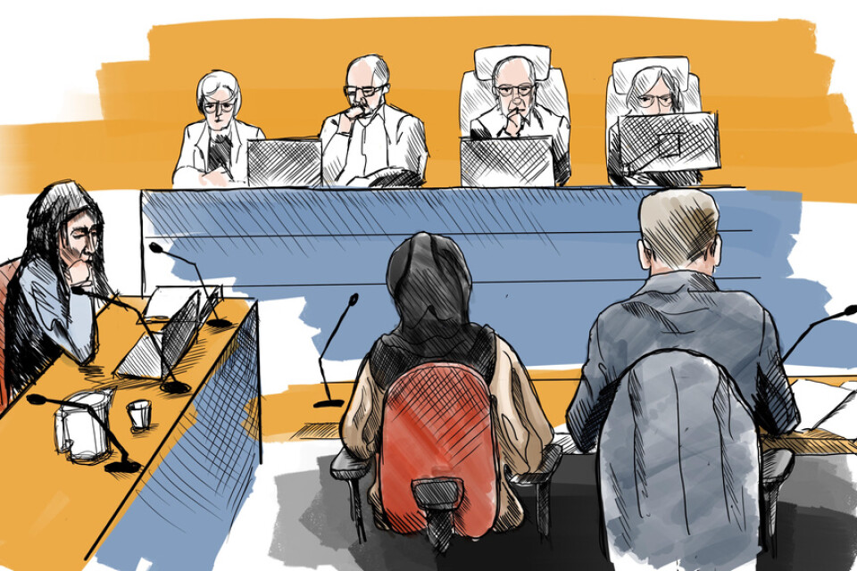 Den åtalade kvinnan (med ryggen mot) under rättegången i Stockholms tingsrätt.