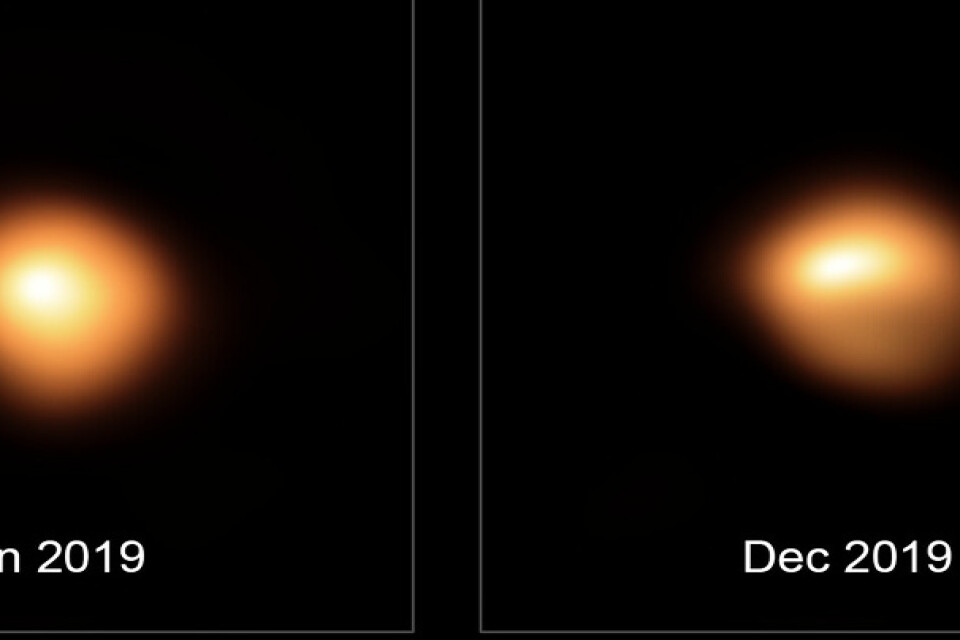 Två bilder av Betelgeuse som visar hur dess ljusstyrka avtog under 2019. I den vänstra bilden, tagen i januari 2019, syns jättestjärnan som den normalt ser ut. I bilden till höger, tagen i december samma år, har ljusstyrkan minskat väsentligt. Hur detta kommer sig, vet inte forskarna.