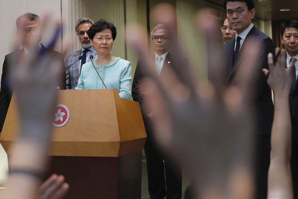 Hongkongs ledare Carrie Lam under en presskonferens i förra veckan.